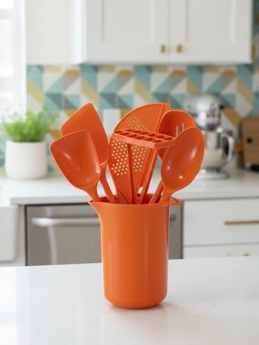 Vintage 70's 6 Piece Plastic Kitchen Utensils In Rosti Denmark Melamine Pitcher